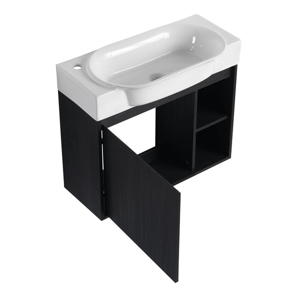 English Elm 28'' Wall-Mounted Bathroom Vanity with Glossy White Ceramic Sink, Soft-Close Doors, Water-Resistant Plywood Finish (Easy Assembly, KD Packing) W999P310767