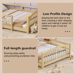 English Elm Twin Montessori Floor Bed Solid Pine Frame with Safety Guardrails for Kids Bedroom Natural N733P400298N