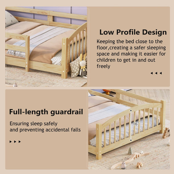 English Elm Twin Montessori Floor Bed Solid Pine Frame with Safety Guardrails for Kids Bedroom Natural N733P400298N