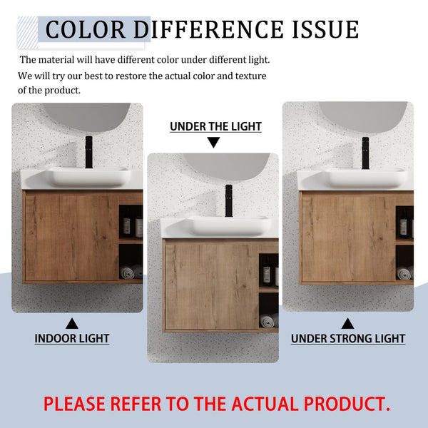 English Elm 28'' Floating Bathroom Vanity with Ceramic Sink Soft Close Door Melamine Cabinet Imitative Oak W999P426637