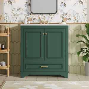 English Elm 30" Elegant Bathroom Vanity with Ceramic Sink, French-Inspired Compact Cabinet with Drawer & Shelf Green N710P317676F