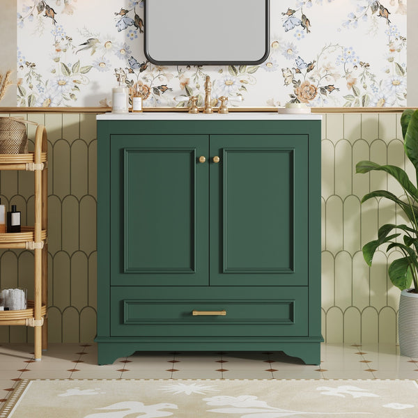 English Elm 30" Elegant Bathroom Vanity with Ceramic Sink, French-Inspired Compact Cabinet with Drawer & Shelf Green N710P317676F