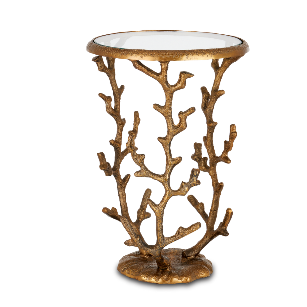 Coral Brass Accent Table - Artistic Coastal Design with Antique Finish & Removable Glass Top, 21" High