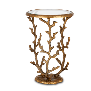 Coral Brass Accent Table - Artistic Coastal Design with Antique Finish & Removable Glass Top, 21" High