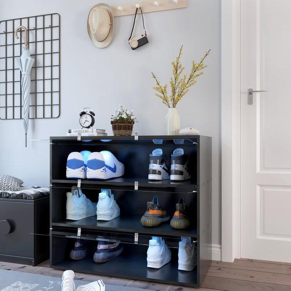 English Elm Black Glass Door Shoe Box Display Cabinet with RGB LED Lighting, Stackable Dustproof Showcase W331P235039