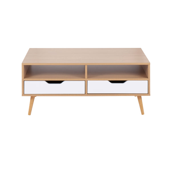 English Elm Astro Natural Wood Coffee Table with White Drawers — Contemporary Storage, Pull-Out Drawers, Durable Finish B202P223407
