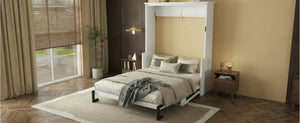 English Elm Queen Murphy Wall Bed with Integrated Desk Gas Strut Lift White Cabinet for Small Spaces W504S00282