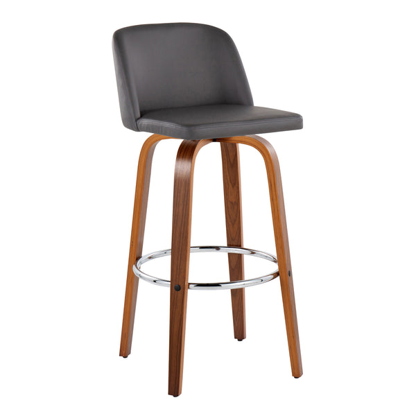 English Elm Toriano Mid-Century 30" Fixed-Height Swivel Barstool with Walnut Legs, Faux Leather Comfort Pair Grey B202S00707
