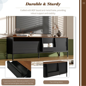 English Elm U-can Mid Century Walnut Media Console with Sliding Doors and Metal Frame for Living Rooms Black N724P360370B