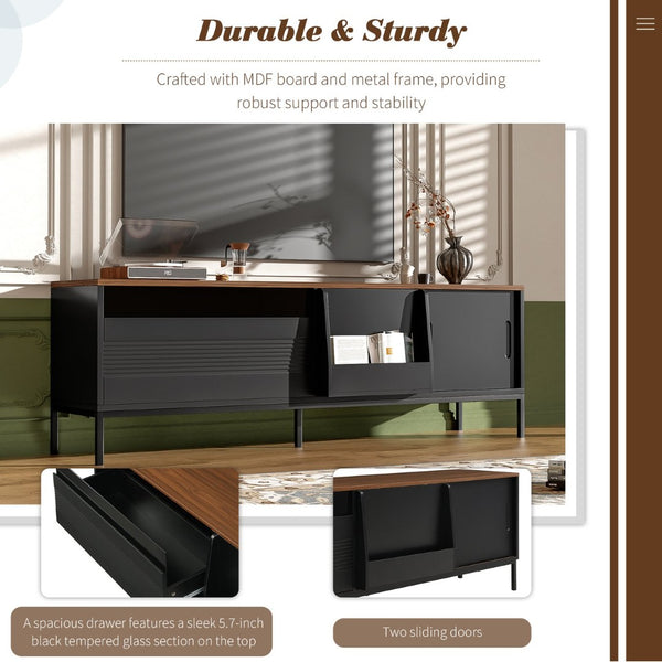English Elm U-can Mid Century Walnut Media Console with Sliding Doors and Metal Frame for Living Rooms Black N724P360370B