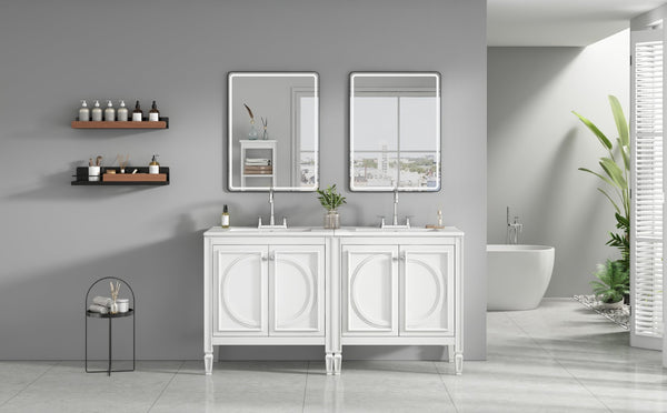 English Elm [video] 60 Inch Freestanding Double Sink Bathroom Vanity with Ceramic Basins Soft Close Storage White N759S226000K
