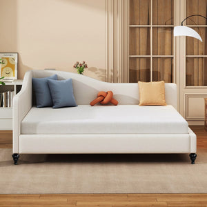 English Elm Full Size L-shaped Linen Upholstered Daybed with Solid Wood Legs for Corner Lounging Beige SF100146AAA-1