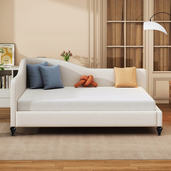 English Elm Full Size L-shaped Linen Upholstered Daybed with Solid Wood Legs for Corner Lounging Beige SF100146AAA-1