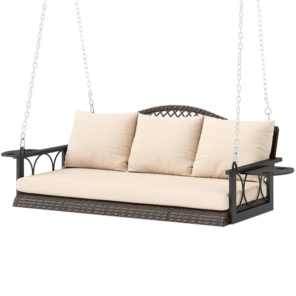 English Elm Porch Swing 3 Person Pe Wicker Outdoor Hanging Bench with Cushions and Cup Holders T3971P397408