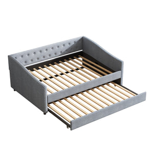 English Elm Full Size Daybed With Twin Trundle - Stylish Upholstered Sofa Bed In Light Grey With Nailhead Trim W2336S00036