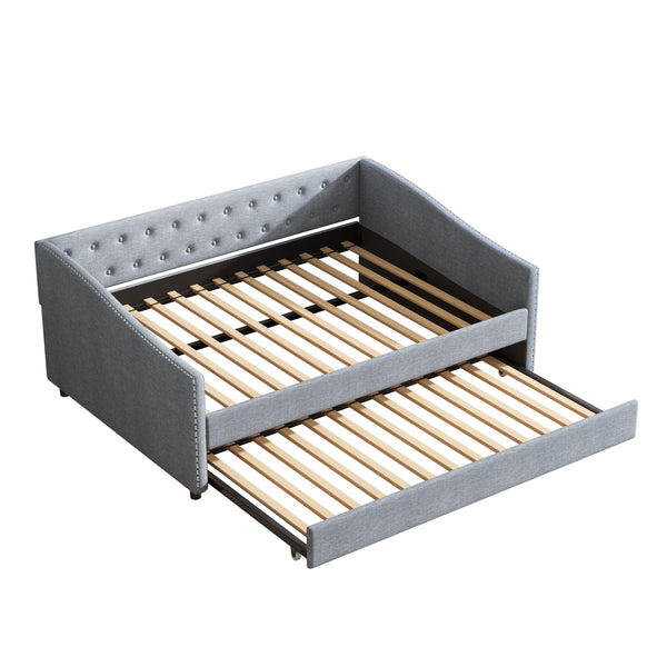 English Elm Full Size Daybed With Twin Trundle - Stylish Upholstered Sofa Bed In Light Grey With Nailhead Trim W2336S00036