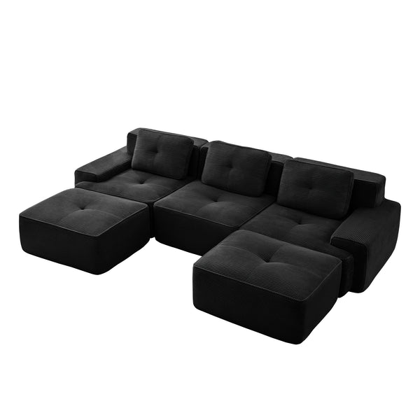 English Elm 117" Modern U-Shaped Modular Sectional Sofa, Black Corduroy, Deep Seat & Movable Ottoman, No Assembly! W714S01478