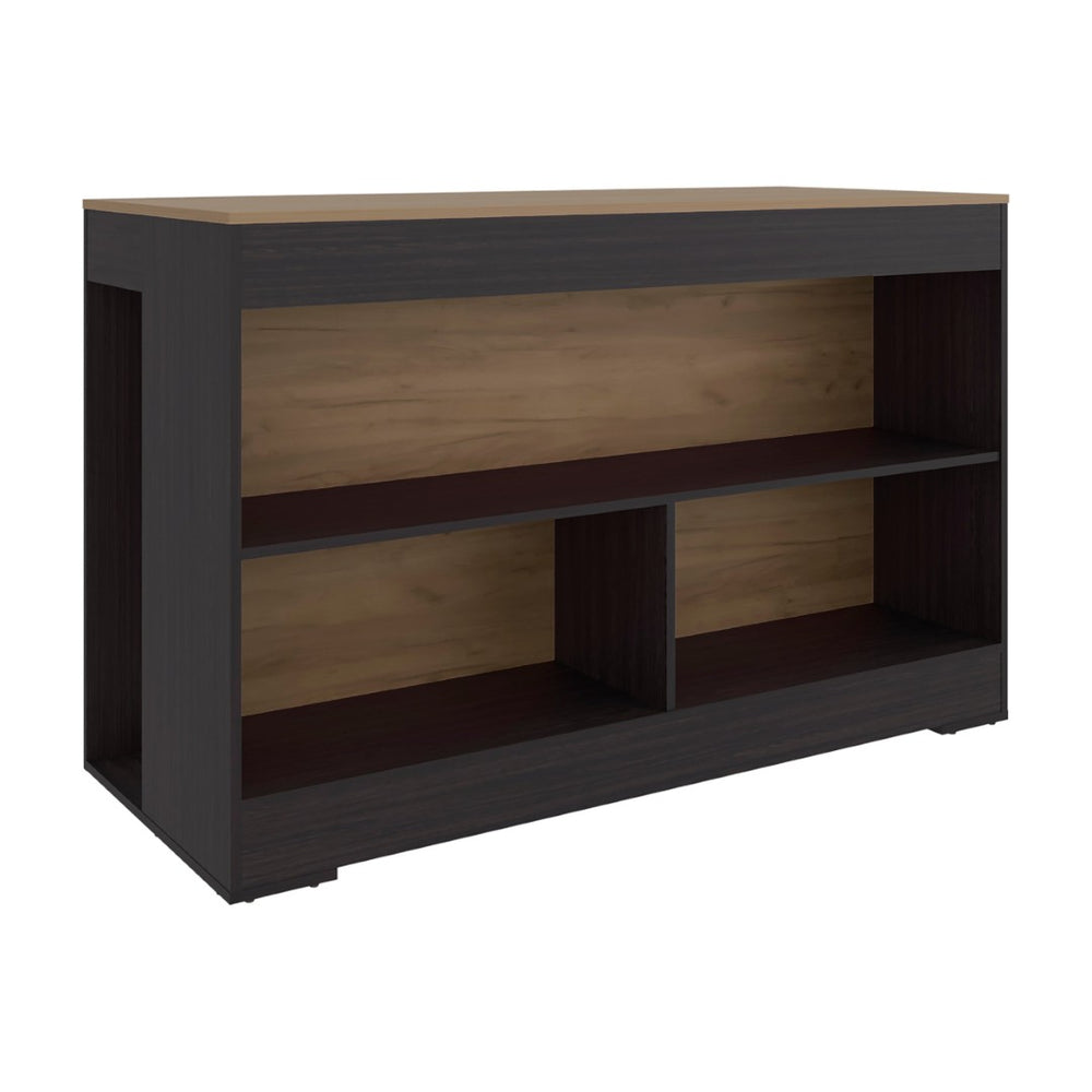 English Elm Wenge Finish Kitchen Island with Three Open Shelves for Modern Loft Organization B062S01860