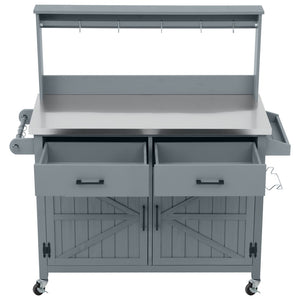 English Elm K&k Solid Fir Grill Cart Stainless Steel Top Outdoor Kitchen Station with Locking Wheels Grey+Blue N707P409087G