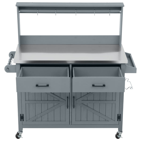 English Elm K&k Solid Fir Grill Cart Stainless Steel Top Outdoor Kitchen Station with Locking Wheels Grey+Blue N707P409087G