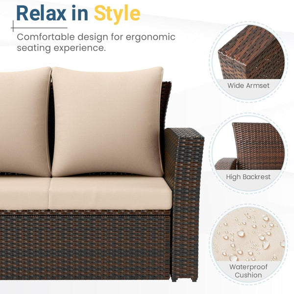 English Elm 67.7" Outdoor Wicker Three Seat Sofa High Back Pe Frame Patio Lounge Furniture Beige B082P455183