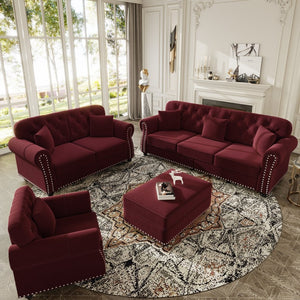 English Elm Upholstered Velvet Chesterfield Sofa Set with Button Tufting Nailhead Trim and Ottoman Burgundy W1885S00390