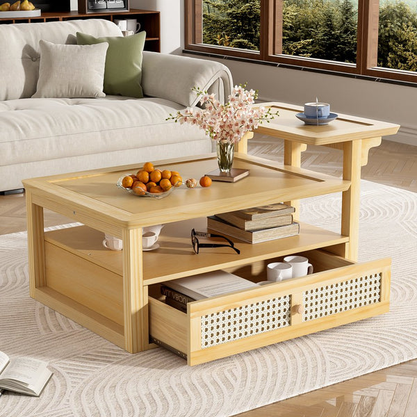 English Elm VIBE Rustic Rattan Coffee Table with 2 Tabletops, Adjustable Shelf and Spacious Drawer for Living Room Natural N724P232190N