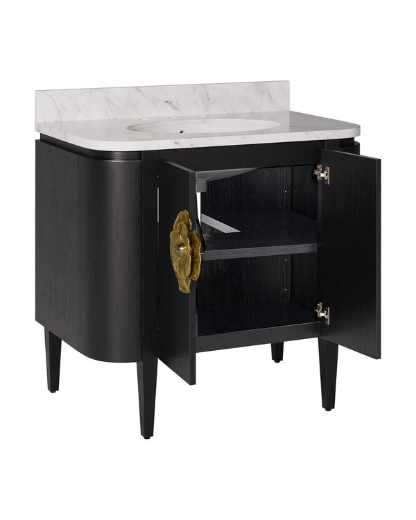 Currey & Company Briallen 36" Vanity With Elegant Carrara Marble Top And Polished Nickel Brass Flower Pull Storage Solutions Black White Oak Solids & Veneers ,Carrara Marble ,Vitreous China ,Brass 3800-0017-currey-company