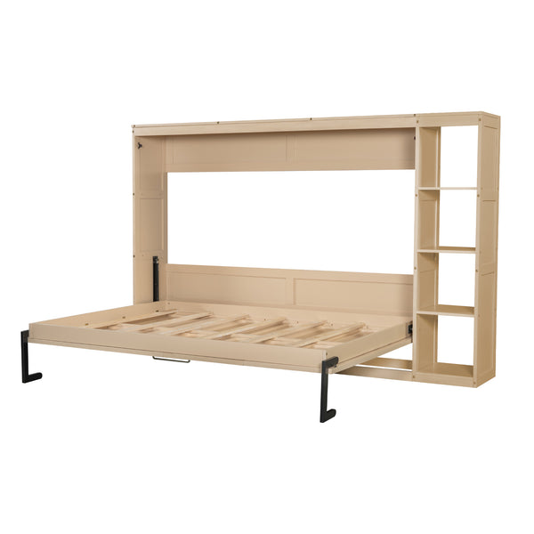 English Elm Full Full Size Murphy Bed with Bookshelf and Fold-Down Work Surface, Space-Saving LVL/MDF Design Natural GX002220AAN