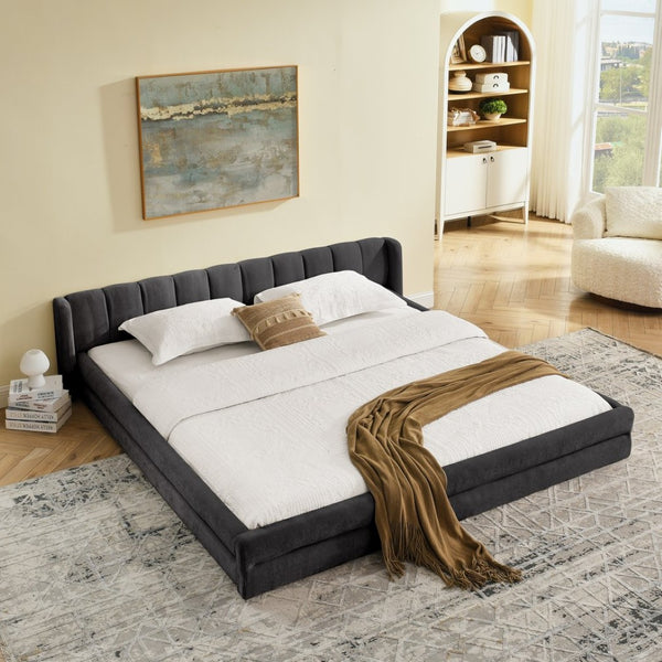 English Elm King Platform Bed Full Chenille Upholstery Low Profile Frame for Modern Bedroom Dark Gray W487S00434