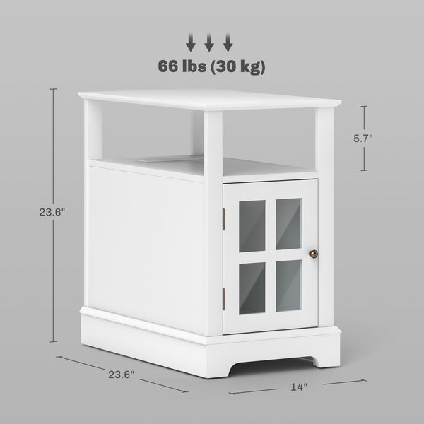 English Elm HOMCOM Narrow End Table with Built-In Charging Station, Hidden Glass Storage and Open Shelf Elegance White W2225P229463