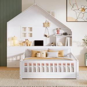 English Elm Full Size House Bed White Wood Frame with Drawers Shelves and Built in Usb Charging LT000423AAK-2