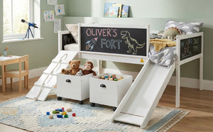 English Elm Twin Kids Loft Bed Solid Pine Frame with Slide Chalkboard and Climbing Rope Play Zone White N708P340493K