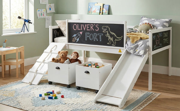 English Elm Twin Kids Loft Bed Solid Pine Frame with Slide Chalkboard and Climbing Rope Play Zone White N708P340493K