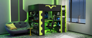 English Elm Full Size Gaming Loft Bed with Desk Rgb Lighting Power Outlet and Storage Drawer Green LT000285AAF