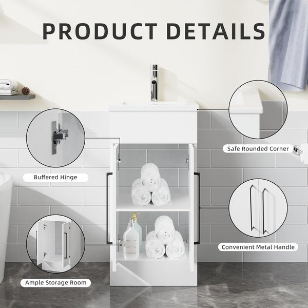 English Elm Goodyo 16" Small Bathroom Vanity Single Sink Freestanding Modern White Cabinet with Ceramic Basin and Soft-Close Doors D163095185