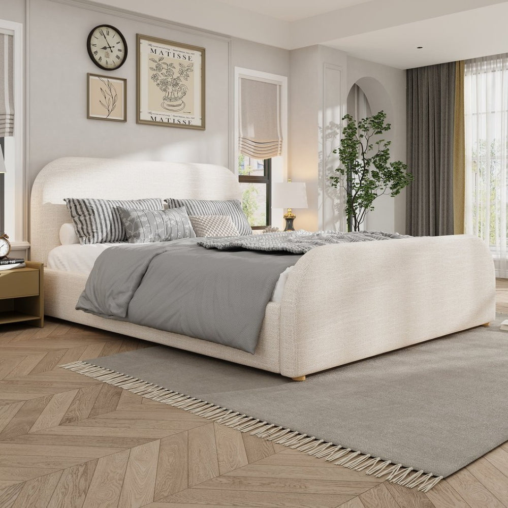 English Elm King Upholstered Bed Curved Linen Headboard Solid Wood Legs Transitional Bedroom N757K427673I