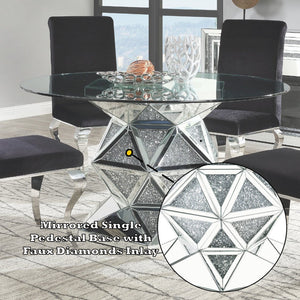English Elm Noralie Mirrored & Faux Diamond Round Dining Table with 12mm Tempered Glass Top, Silver Elegance B2726S00289