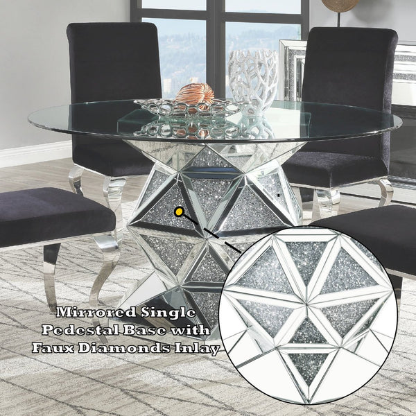 English Elm Noralie Mirrored & Faux Diamond Round Dining Table with 12mm Tempered Glass Top, Silver Elegance B2726S00289