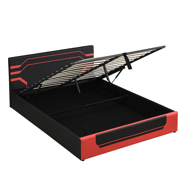 English Elm Modern Cyberpunk Queen Platform Bed Hydraulic Storage Pu Upholstered Gaming Frame Black+Red SF000205AAJ