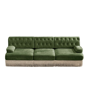 English Elm 3-seater Velvet Tufted Sofa with Tassel Fringe Skirt French Luxe Living Room Seating Green W714S01705