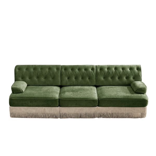 English Elm 3-seater Velvet Tufted Sofa with Tassel Fringe Skirt French Luxe Living Room Seating Green W714S01705