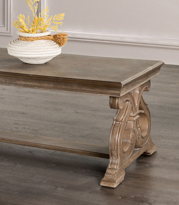 English Elm 1pc Coffee Table Modern Square Cocktail Table 42" with Lower Shelf, Casters for Easy Mobility and Style Oak 56 L x 31 W x 9 H B2741P361126