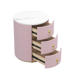 English Elm 2 Upholstered Nightstand Set with 3 Drawers, Round Velvet Bedside Table, Marble Top & Metal Handles Pink 24 L x 19.5 W x 18.89 H N733S272609H
