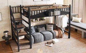 English Elm Twin Xl Metal Loft Bed with Stair Storage Shelves Sturdy Steel Frame for Dorms W1580S00377