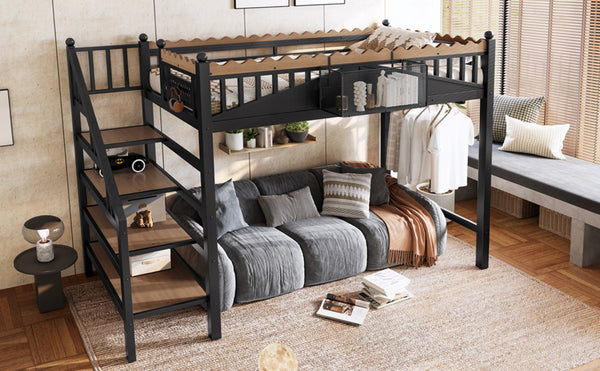 English Elm Twin Xl Metal Loft Bed with Stair Storage Shelves Sturdy Steel Frame for Dorms W1580S00377
