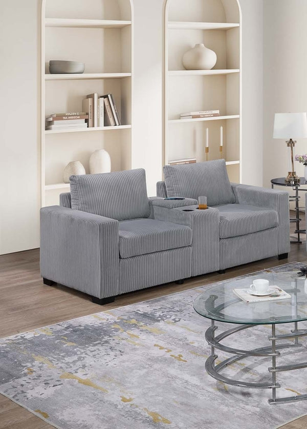 English Elm Elegant Wide-Welt Corduroy 2-Piece Sofa Set with Console Charging Station, Cup Holders, Loveseat Light Gray 33 L x 23 W x 36 H B011S01743