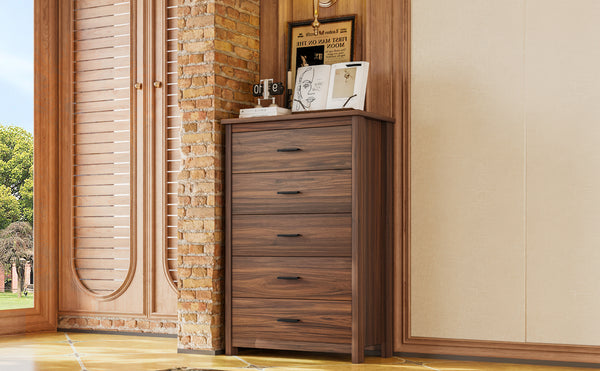 English Elm 4PCS Queen Bedroom Set with Storage Headboard & Built‑In Charging Station, 2 Nightstands, Dresser Walnut 54.25 L x 18.75 W x 9.25 H N733S307937W