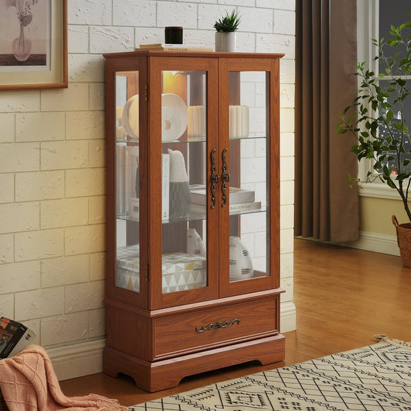 English Elm Lighted Glass Curio Cabinet - Elegant Dark Oak Display With Adjustable Shelves, Built-In Drawer & Bulb W1758P300114