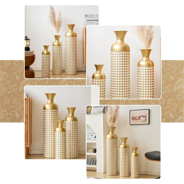 English Elm Metal Floor Vase Set of Three Golden Sculptural Cylinders for Modern Living Spaces W2796P386880